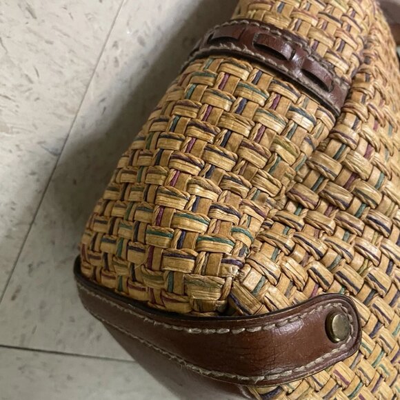 FOSSIL Brown Woven Wicker Handbag w/ Wooden Round‎ Handles Leather Trim Y2K Boho - Picture 6 of 16